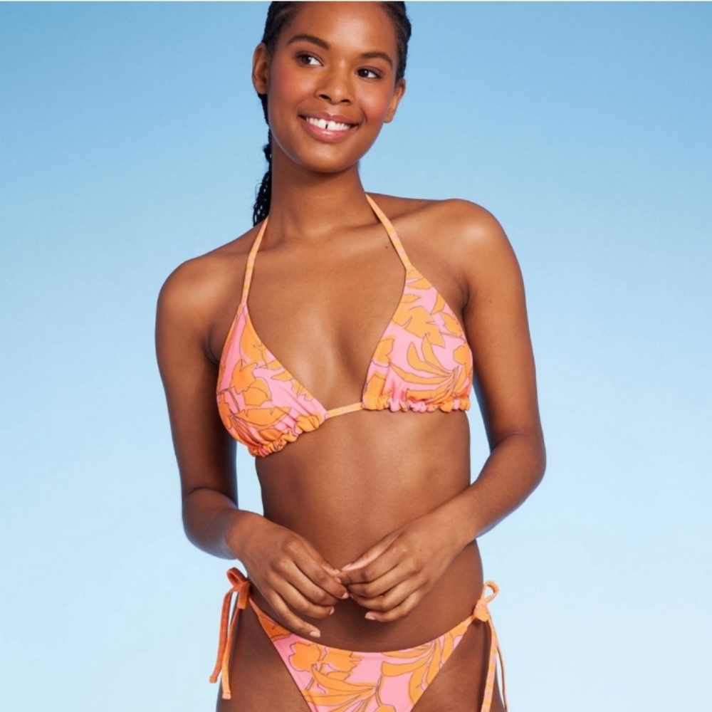 Bikini Set-Orange Pink Floral Bikini Top=L- Reversible. Bottom=XL